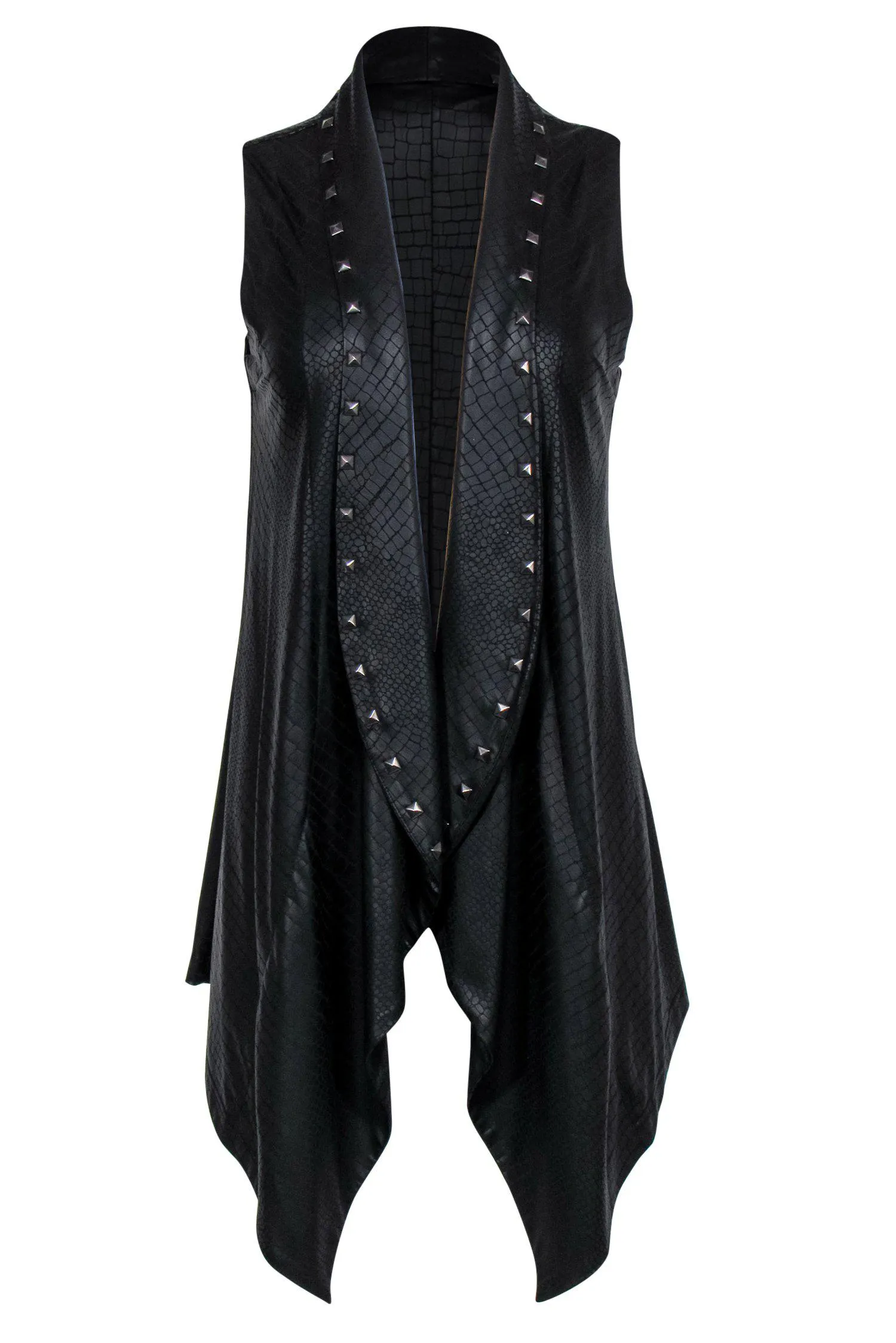 Alberto Makali - Black Reptile Textured Faux-Leather Draped Studded Vest Sz S