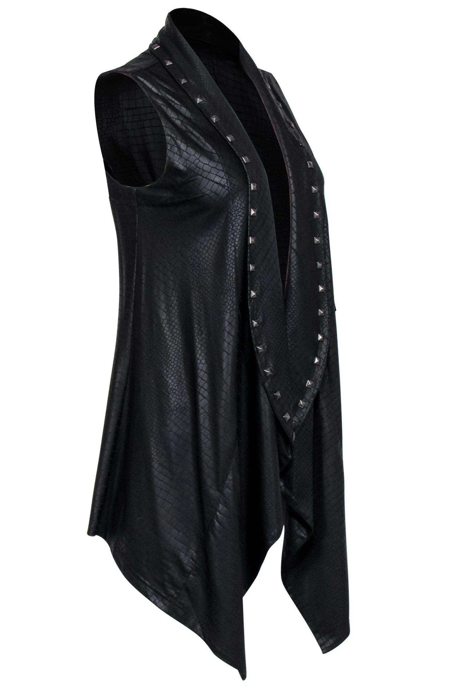 Alberto Makali - Black Reptile Textured Faux-Leather Draped Studded Vest Sz S