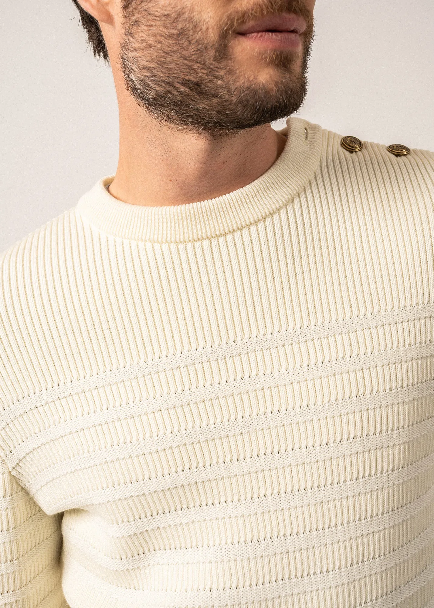 BINIC CAP - Striped Breton Sweater for Men | Tone-on-Tone Stripes  | Soft Wool (IVORY)