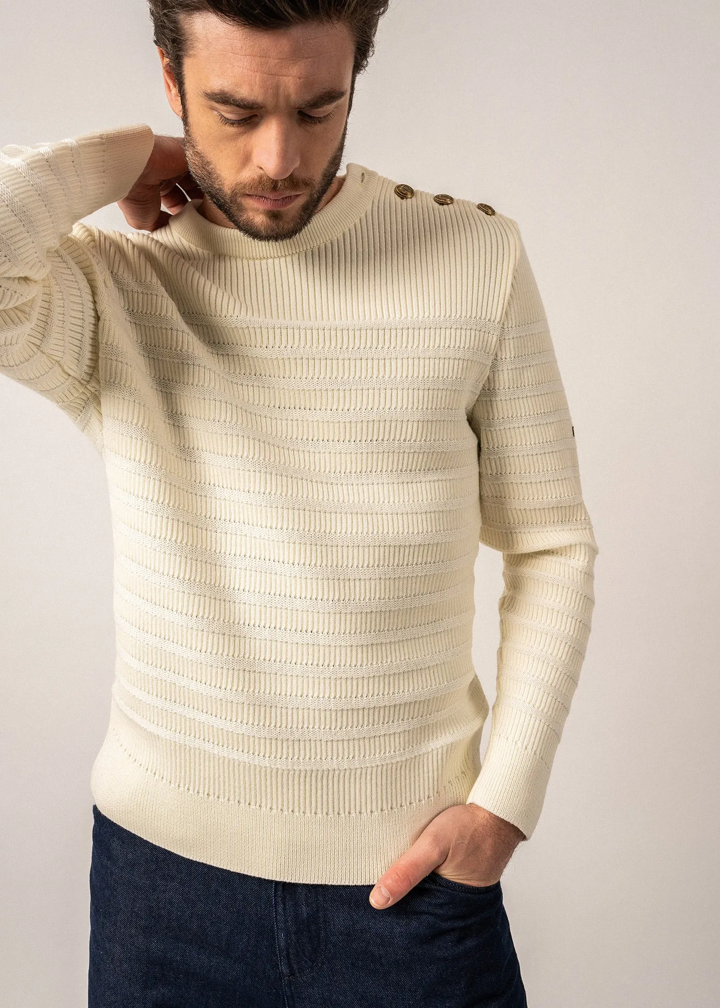 BINIC CAP - Striped Breton Sweater for Men | Tone-on-Tone Stripes  | Soft Wool (IVORY)