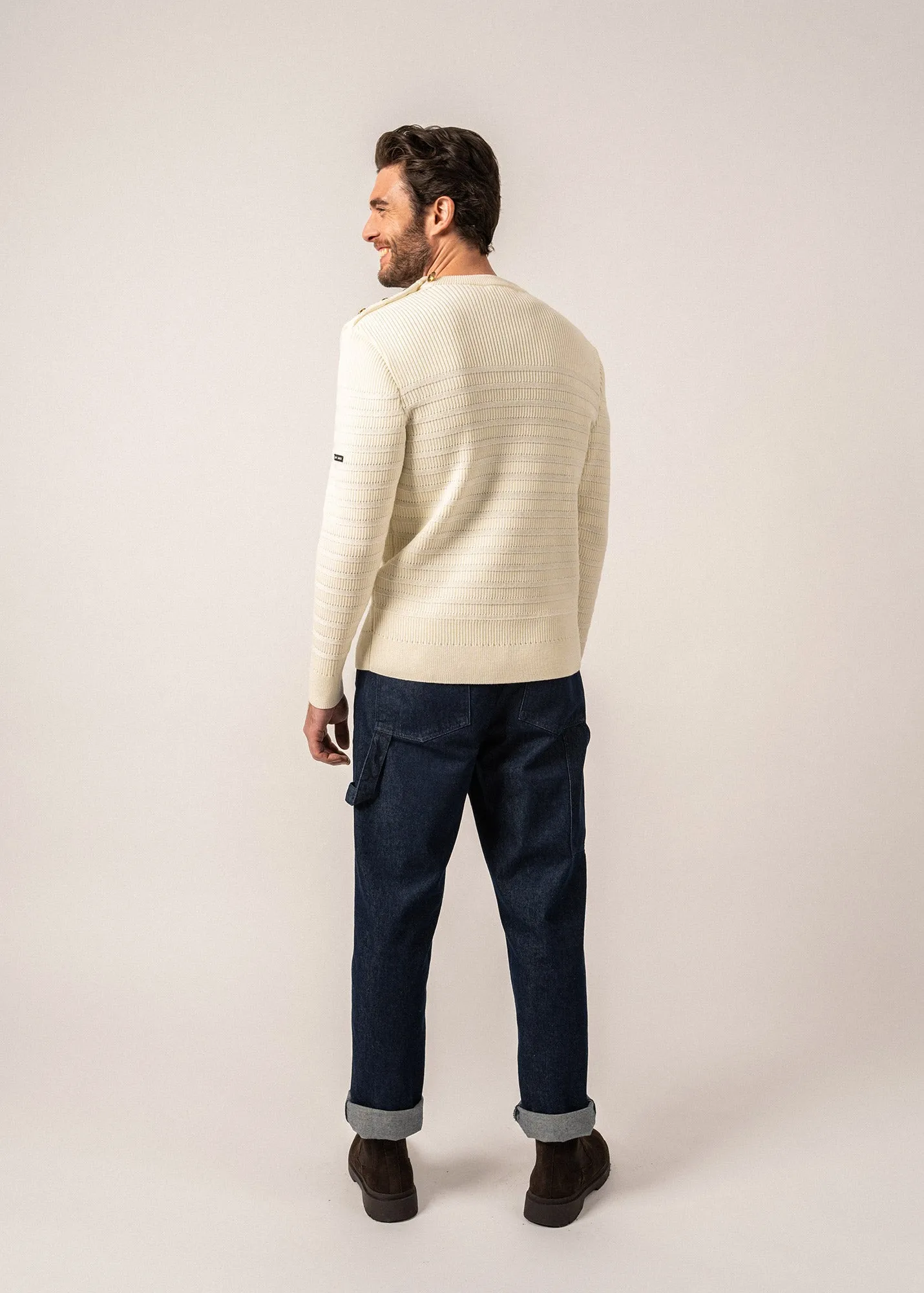 BINIC CAP - Striped Breton Sweater for Men | Tone-on-Tone Stripes  | Soft Wool (IVORY)