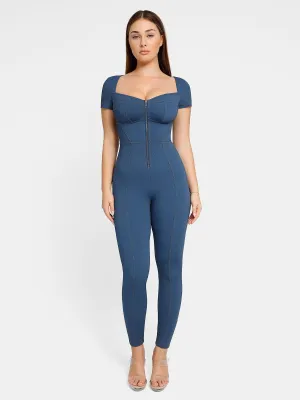 Built-In Shapewear Denim Jumpsuit With Zipper