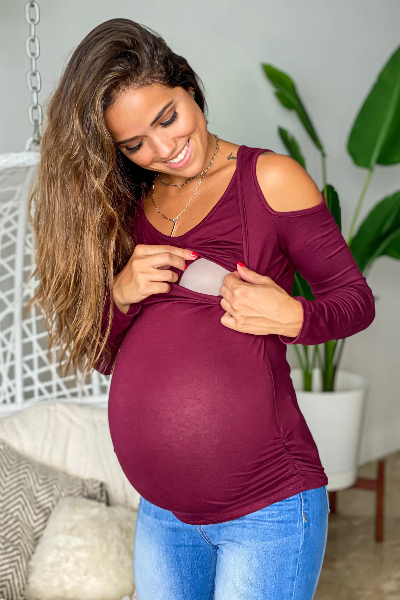 Burgundy Maternity Top with Open Shoulder