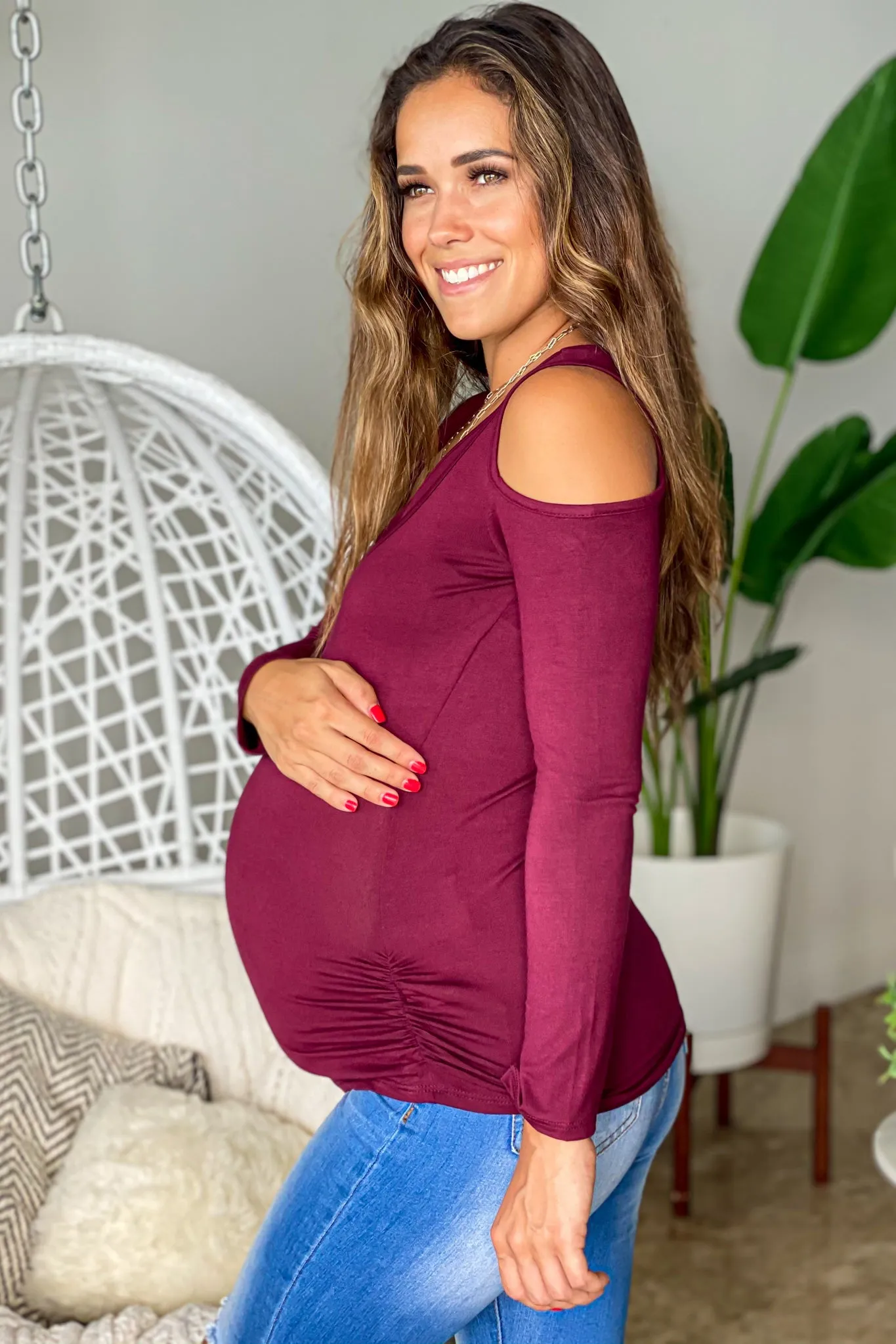 Burgundy Maternity Top with Open Shoulder