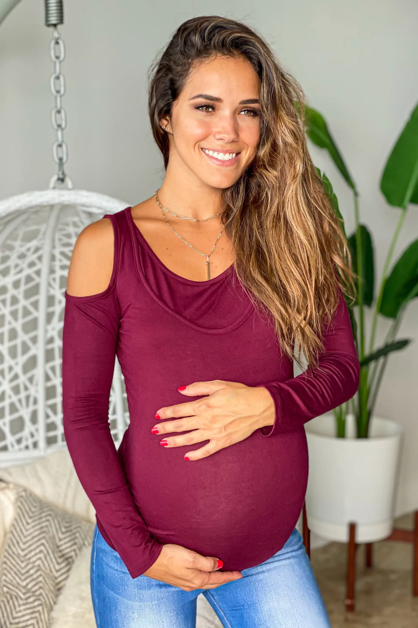 Burgundy Maternity Top with Open Shoulder