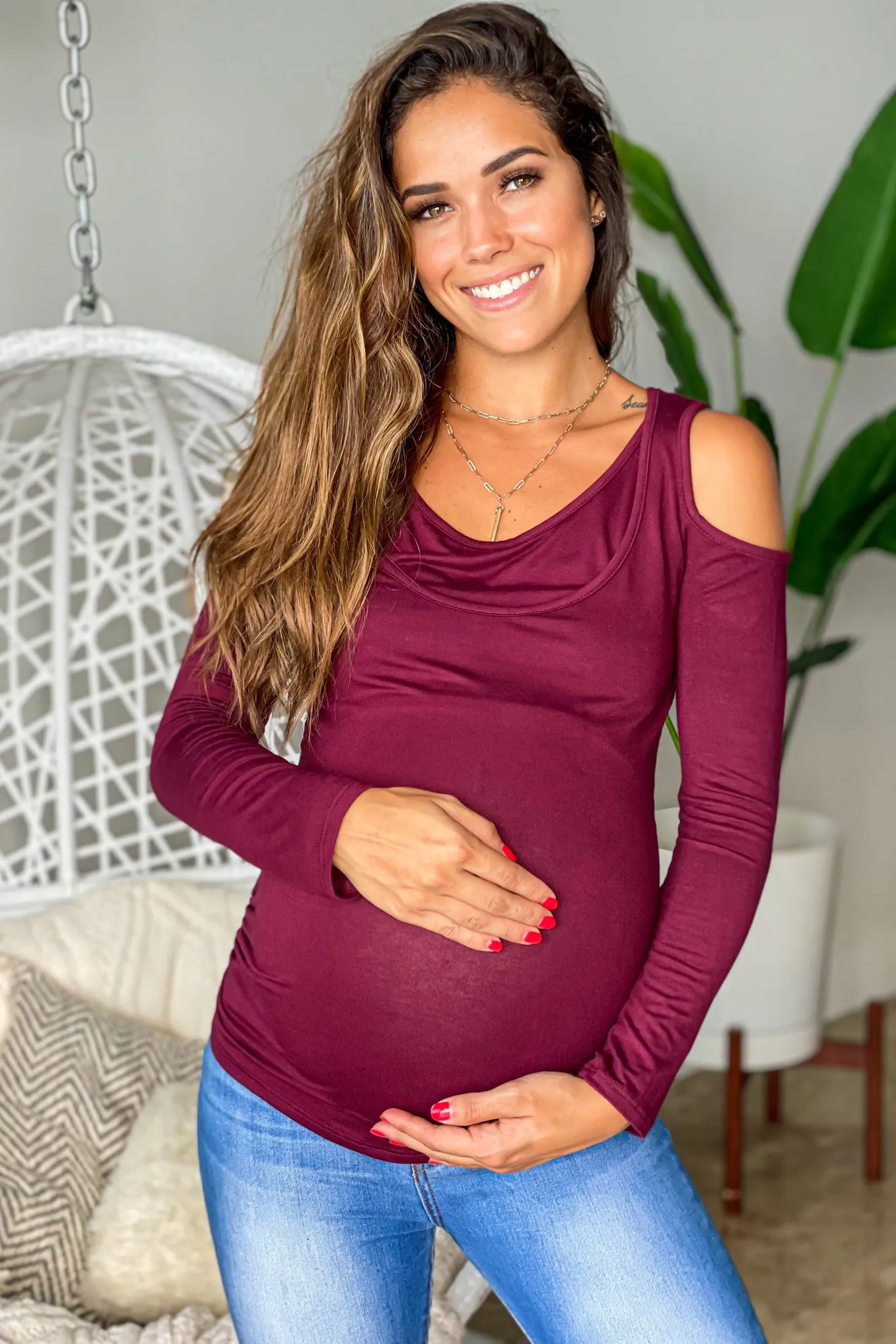 Burgundy Maternity Top with Open Shoulder