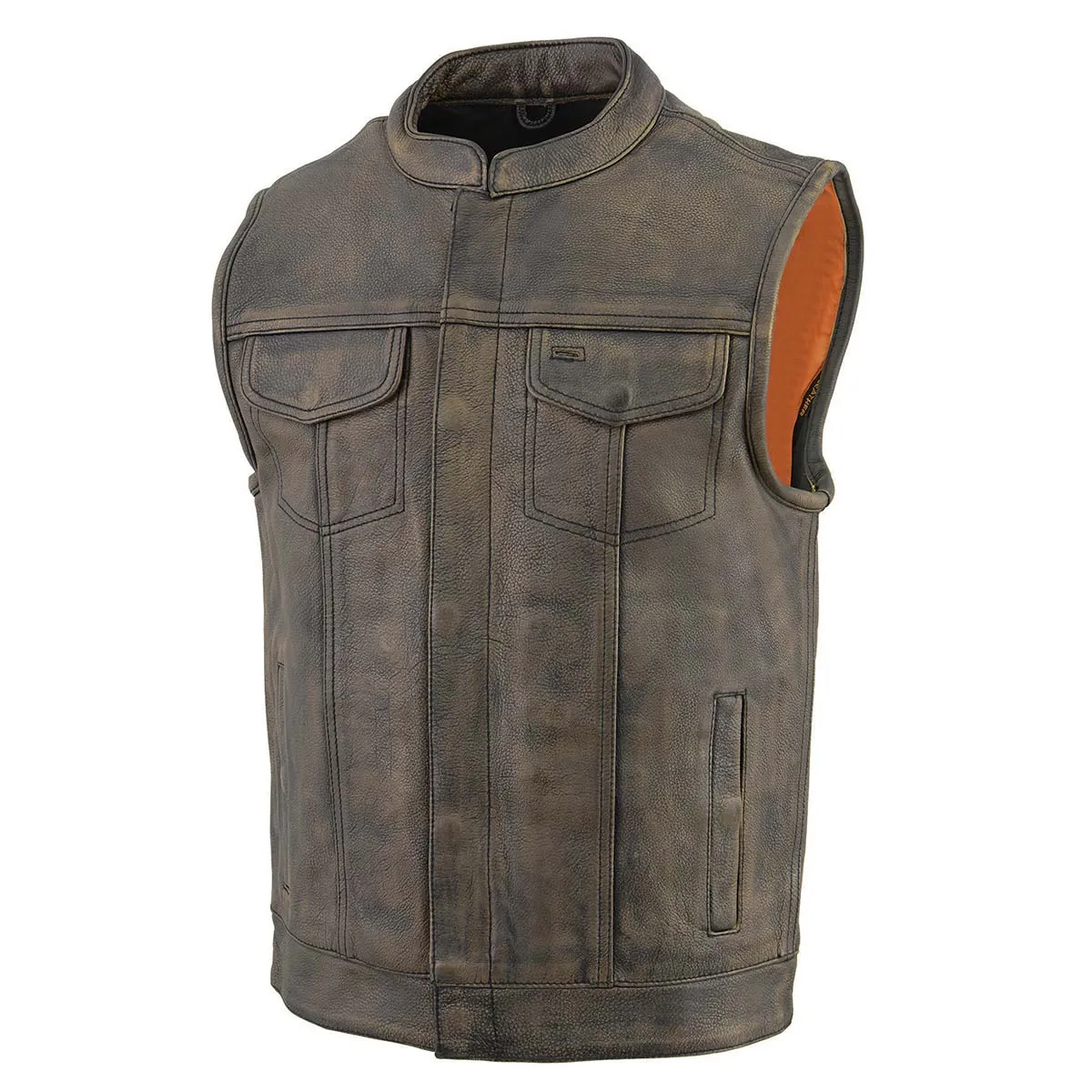 Milwaukee Leather MLM3510 Men's Black/Beige Premium Leather Club Style Vest - Dual Closure Open Neck Motorcycle Vest