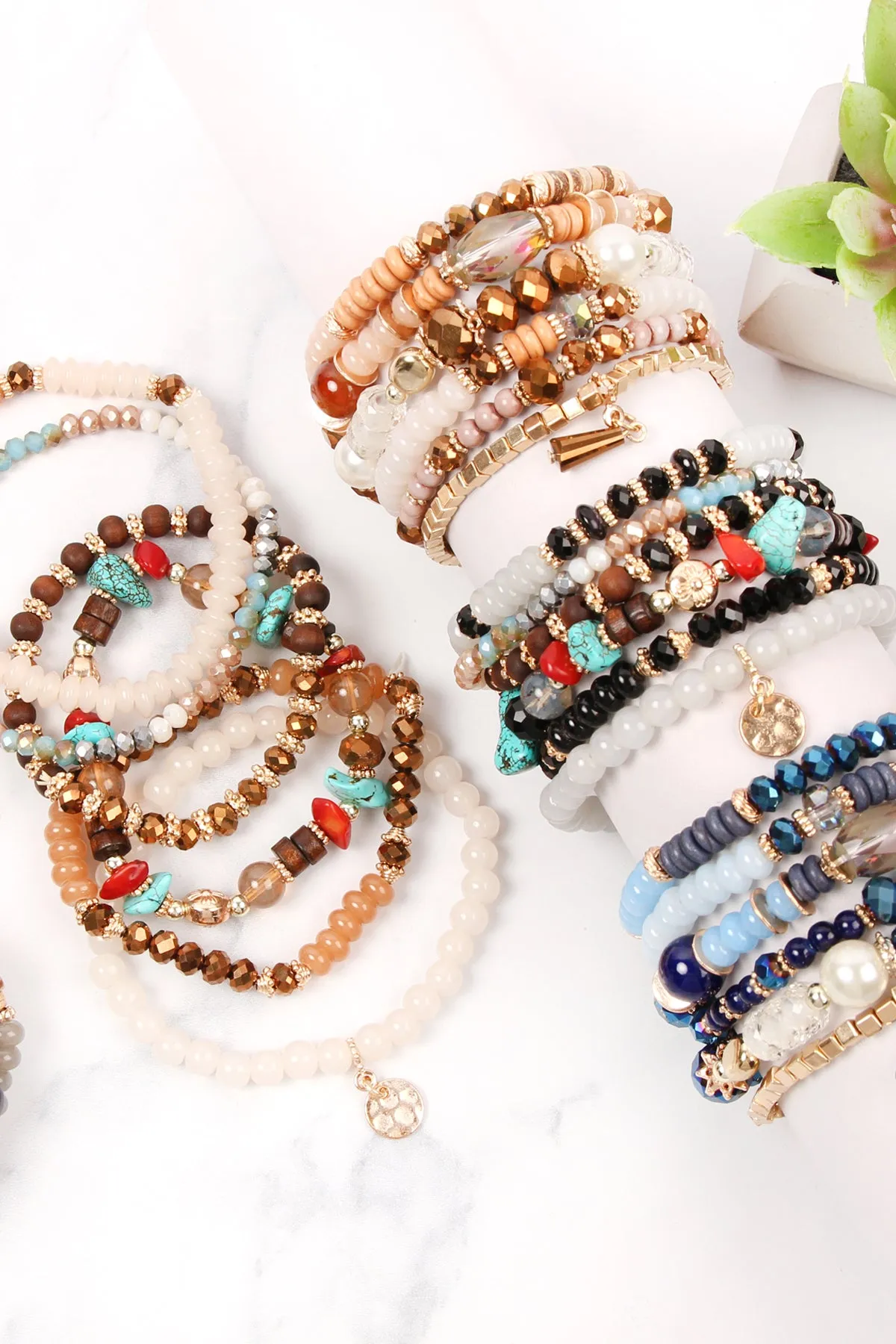 MULTI STONE BEADS STACKABLE BRACELET/6PCS