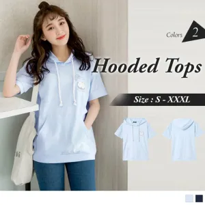 SHORT SLEEVE HOODED PRINTED TOPS