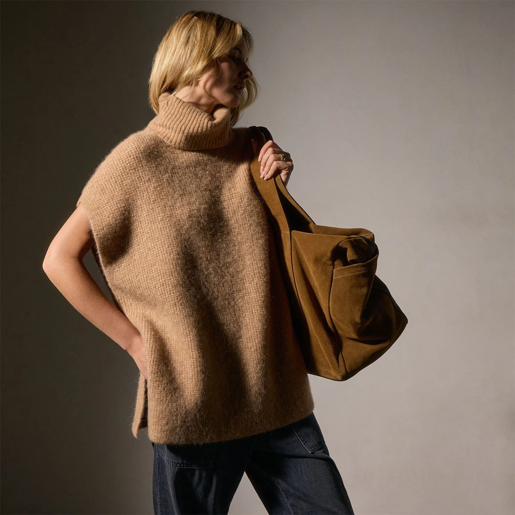 Waffle Knit Funnel Neck Tunic - Camel