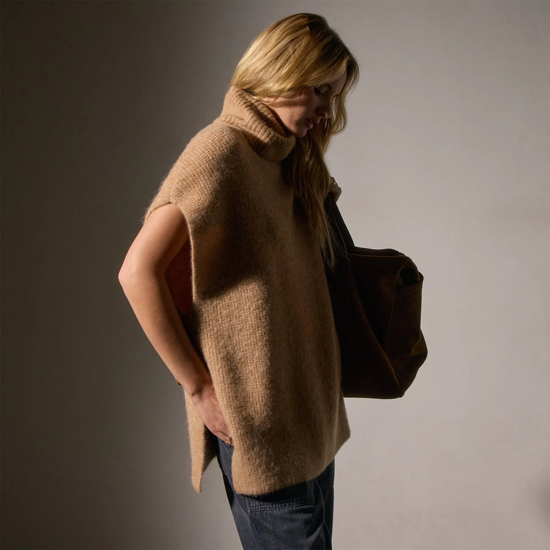 Waffle Knit Funnel Neck Tunic - Camel