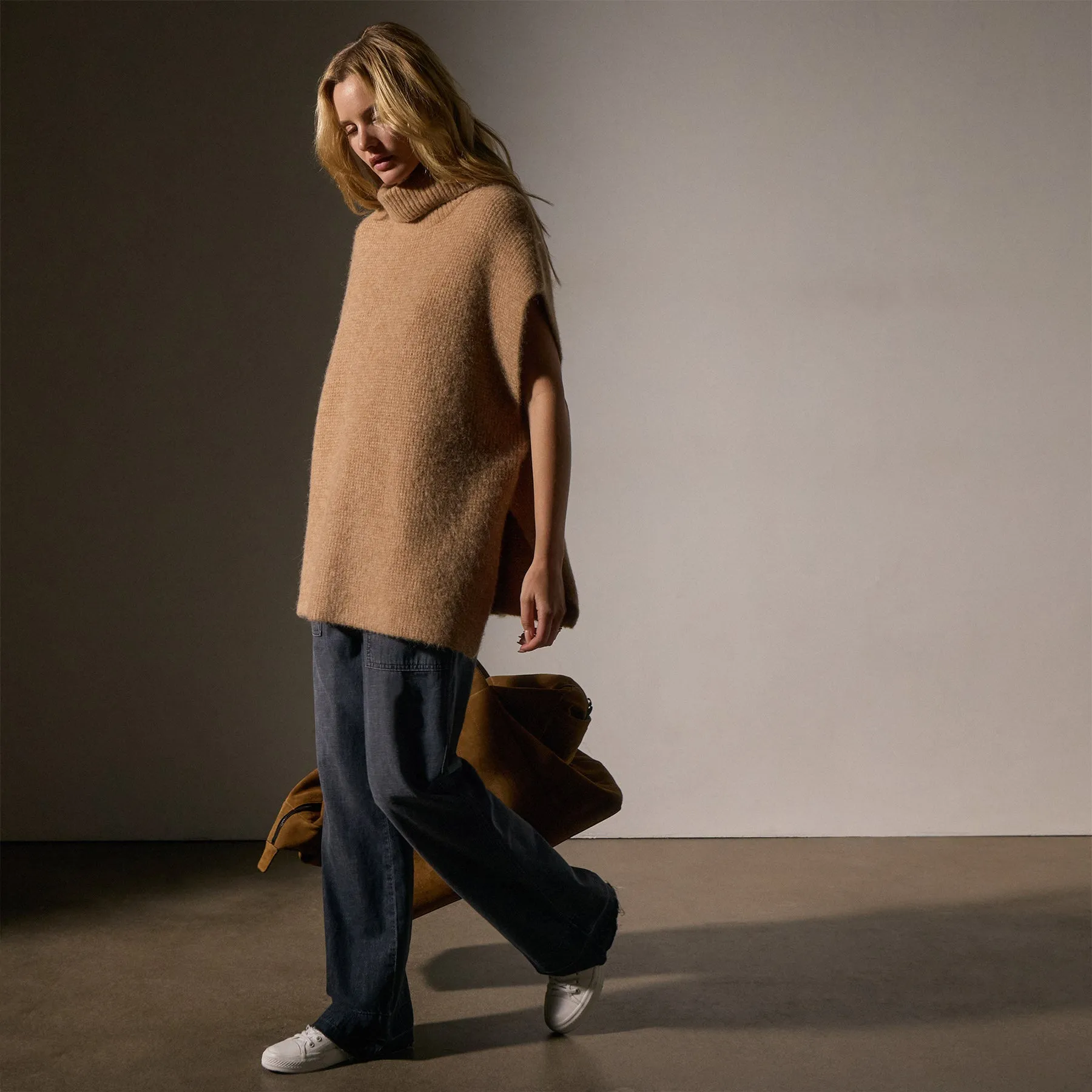 Waffle Knit Funnel Neck Tunic - Camel