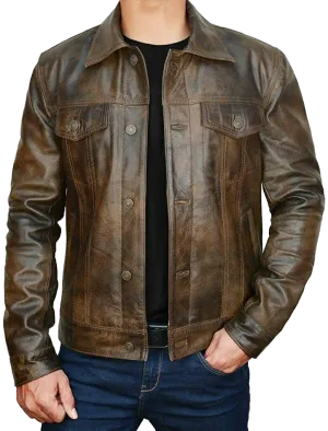 Western Trucker Leather Shirt Jacket Over Shirt Button Down Moto Motorcycle Coat | Leather Jacket Motorcycle Coat