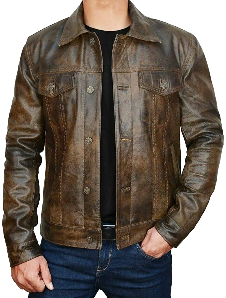 Western Trucker Leather Shirt Jacket Over Shirt Button Down Moto Motorcycle Coat | Leather Jacket Motorcycle Coat